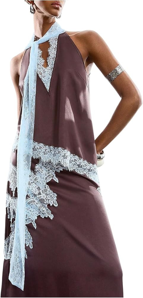 GORGLITTER Women's Satin Lace Halter Tank Top Sleeveless Asymmetrical Summer Country Concert Goin... | Amazon (US)