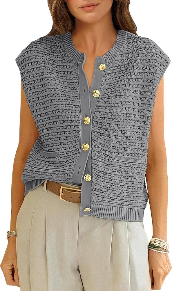 ANRABESS Women Sweater Vests Sleeveless Cardigan Casual Loose Knit Button Down Sweater Tops 2025 ... | Amazon (US)