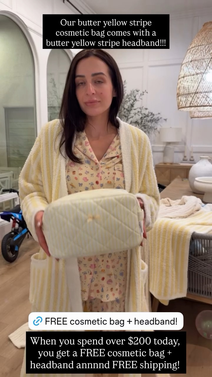 Our butter yellow stripe cosmetic bag comes with a butter yellow stripe headband!!!
 When you spend over $200 today, you get a FREE cosmetic bag + headband annnnd FREE shipping!
