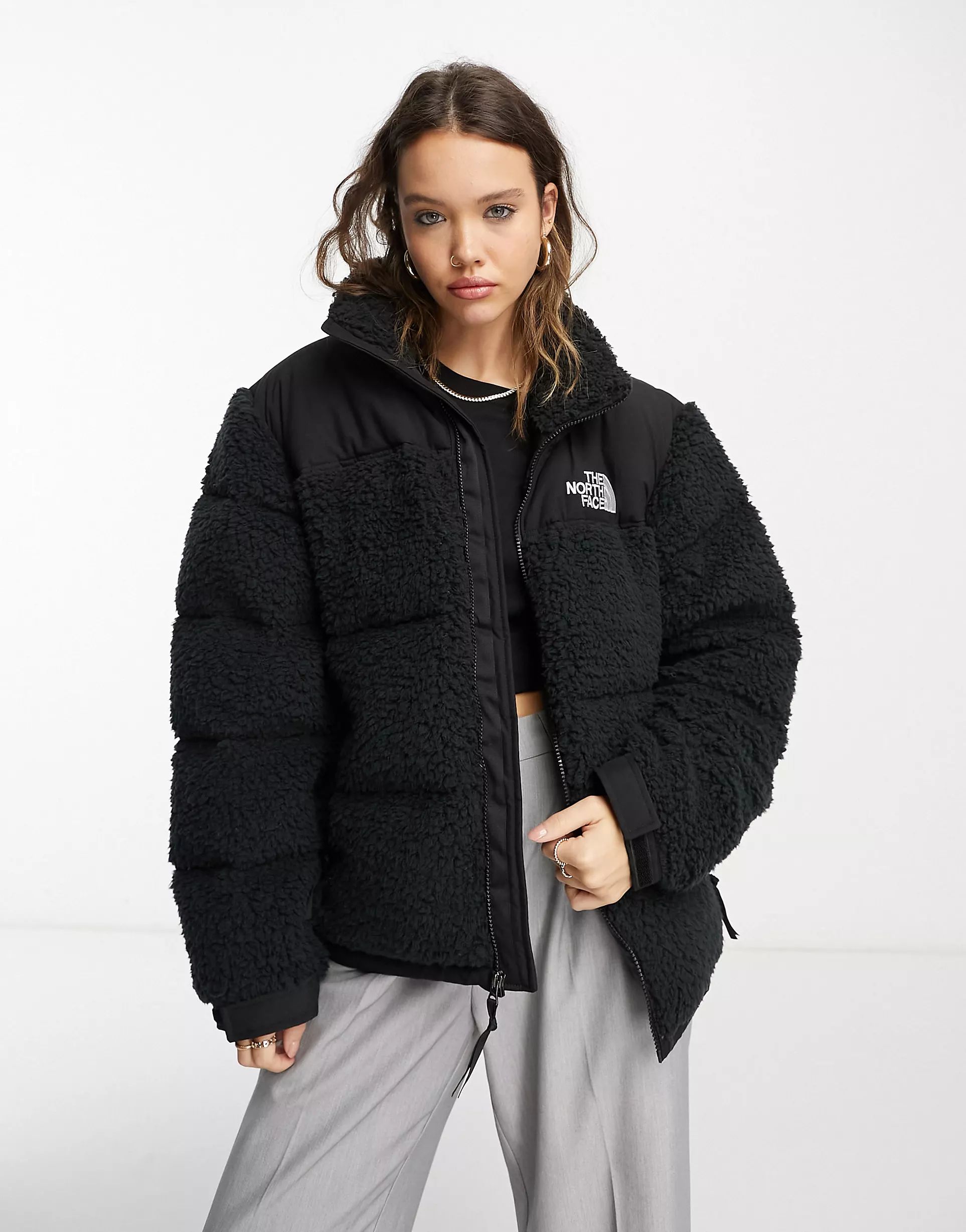 The North Face Nuptse high pile down puffer jacket in black | ASOS (Global)