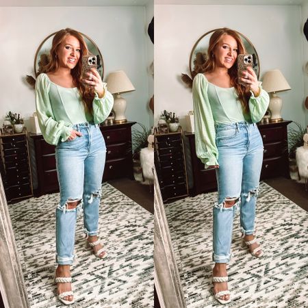 Mint sheer sleeve bodysuit in size small! So stretchy and comfy 

Size 9 mom jeans (size up!)

Pink lily code: MARCH20



#LTKFind #LTKSeasonal #LTKunder50