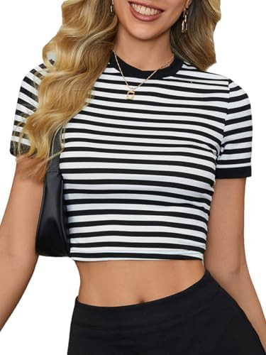 OYOANGLE Women's Striped Print Crew Neck Short Sleeve T Shirts Crop Tops | Basic Striped Tops, Sl... | Amazon (US)
