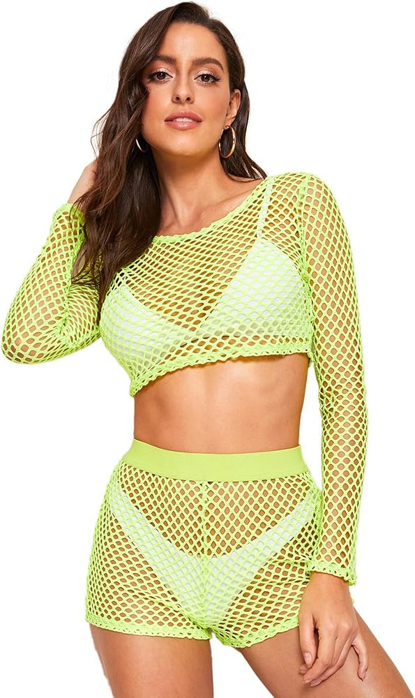 SweatyRocks Women Sexy 2 Pieces Neon Fishnet Crop Top with Shorts Outfit Set Lime Green Top | Amazon (US)
