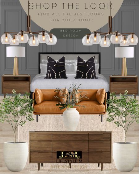 Black modern farmhouse bedroom idea. Recreate the look with these furniture and decor finds! Natural wood dresser, natural wood night stand, black bed frame, beige bedroom rug, ceramic tree planter pot, realistic fake tree, realistic fake plant, ceramic vase, brown leather accent chair, black throw pillow, metal brass table lamp, bedroom chandelier.

#LTKhome #LTKstyletip #LTKFind