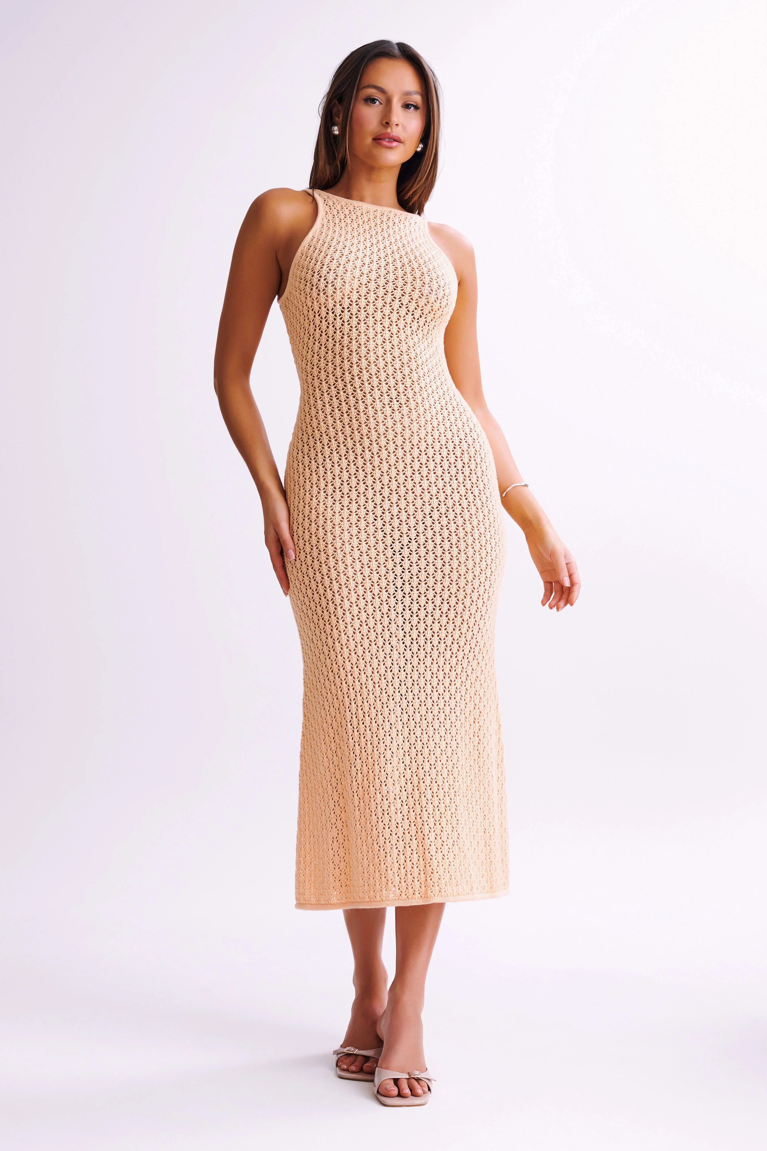 Cordelia Crochet Fishtail Midi Dress - Apricot | MESHKI US