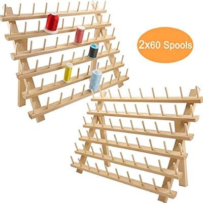 New brothread 2X60 Spools Wooden Thread Rack/Thread Holder Organizer with Hanging Hooks for Sewin... | Amazon (US)