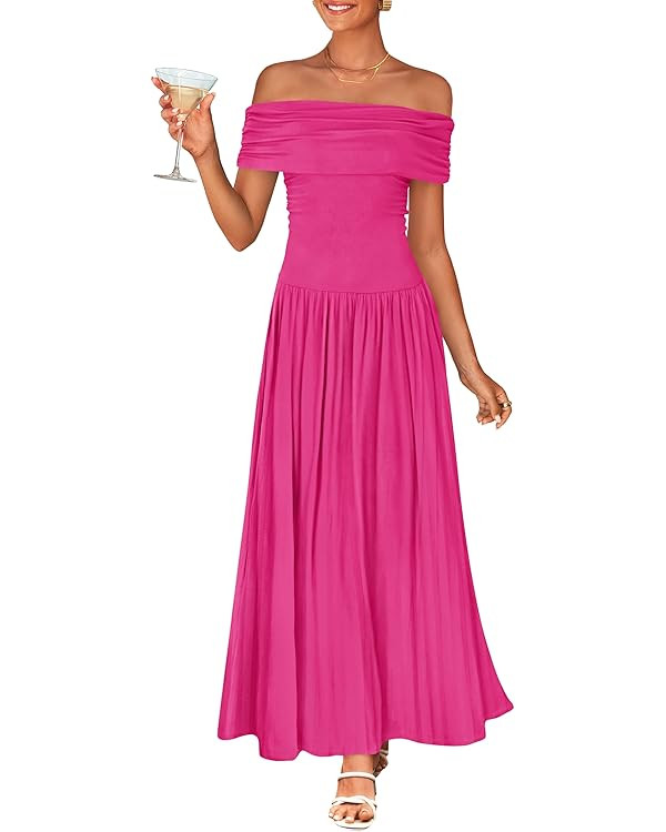ZESICA Women's Off The Shoulder Maxi Dress 2025 Summer Sleeveless Casual Slim Swing Pleated Forma... | Amazon (US)