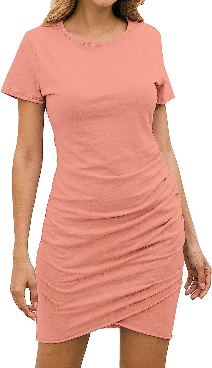 BTFBM Women's 2021 Casual Crew Neck Short Sleeve Ruched Stretchy Bodycon T Shirt Short Mini Dress | Amazon (US)