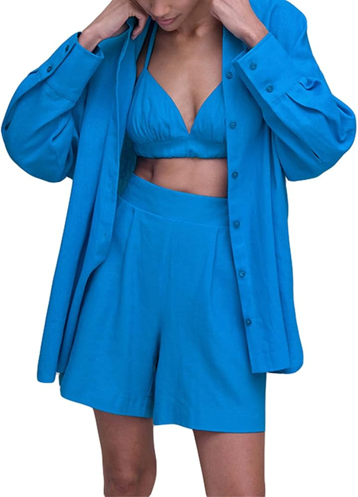 Women 3 Pieces Cotton Linen Casual Clothes Set Long Sleeve Oversized Shirt+Halter Tank Top+Shorts... | Amazon (US)