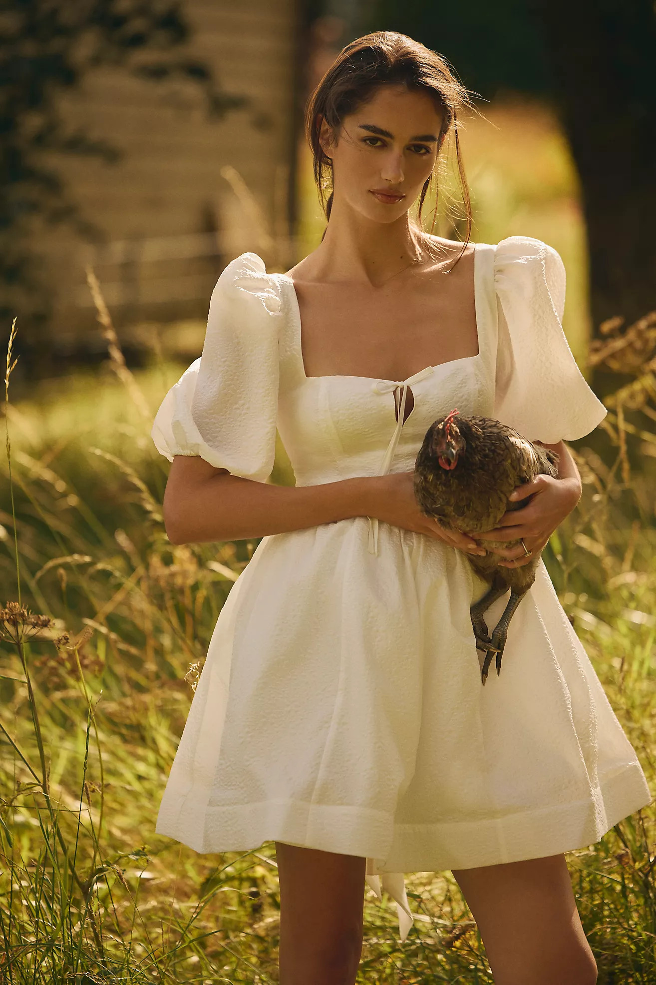 BHLDN Chloe Puff-Sleeve Square-Neck Jacquard Mini Dress | Anthropologie (US)