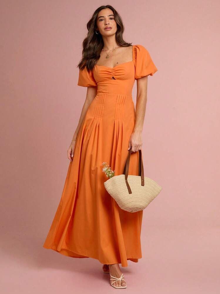 Enchnt Spring/Summer Romantic Women's Sunshine Orange Sweetheart Neckline Short Puff Sleeve Pleated Maxi Dress,Sweet&Elegant For Vacation&Beach&Date&Holiday&Party&Graduation&Wedding Guest,Summer Dresses For Women,Sun Dresses For Women,Summer Clothes | SHEIN