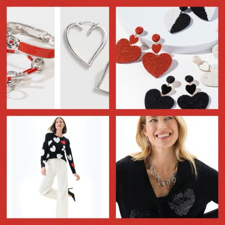 Darling v-day inspired sweaters and accessories. Great quality. I love the sequin heart cardigan sweater. Chic in all black . Pair it with a pair of black or ivory trousers. Black heels, accessories for a elegant style. 

#LTKSeasonal #LTKstyletip #LTKfindsunder100