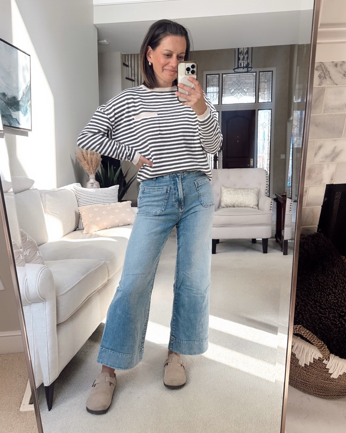 Casual mom outfit! 
Amazon striped top runs true to size - I’m in the small. Kohl’s jeans run true to size- I’m in the 2. 

#LTKStyleTip #LTKOver40 #LTKFindsUnder50