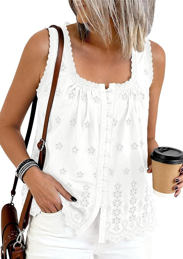 PRETTYGARDEN Womens Tank Tops 2026 Summer Button Down Shirts Embroidered Eyelet Dressy Casual Blo... | Amazon (US)