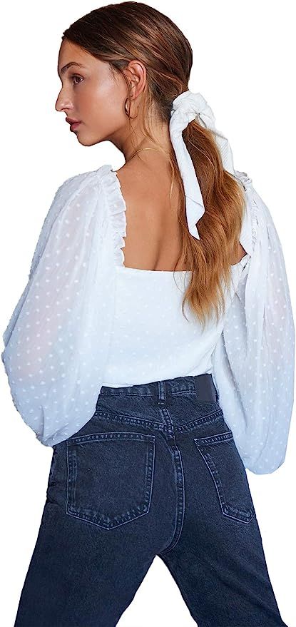 MakeMeChic Women's Swiss Dots Frill Trim Bishop Sleeve Crop Blouse | Amazon (US)