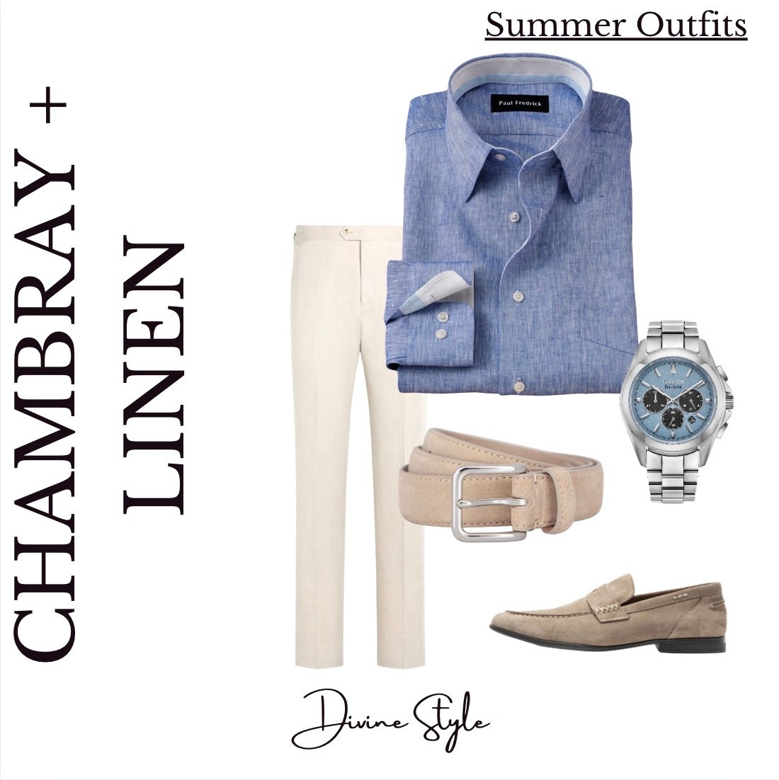 Summer outfit combination to keep cool but look effortlessly styled. Pair a Chaney shirt with linen pants for an easy summer outfit combination when the temperatures soar. Blue, sage green, lavender or pink chambray shirts are great options to wear to work or out on the town.

#LTKWorkwear #LTKMens #LTKShoeCrush