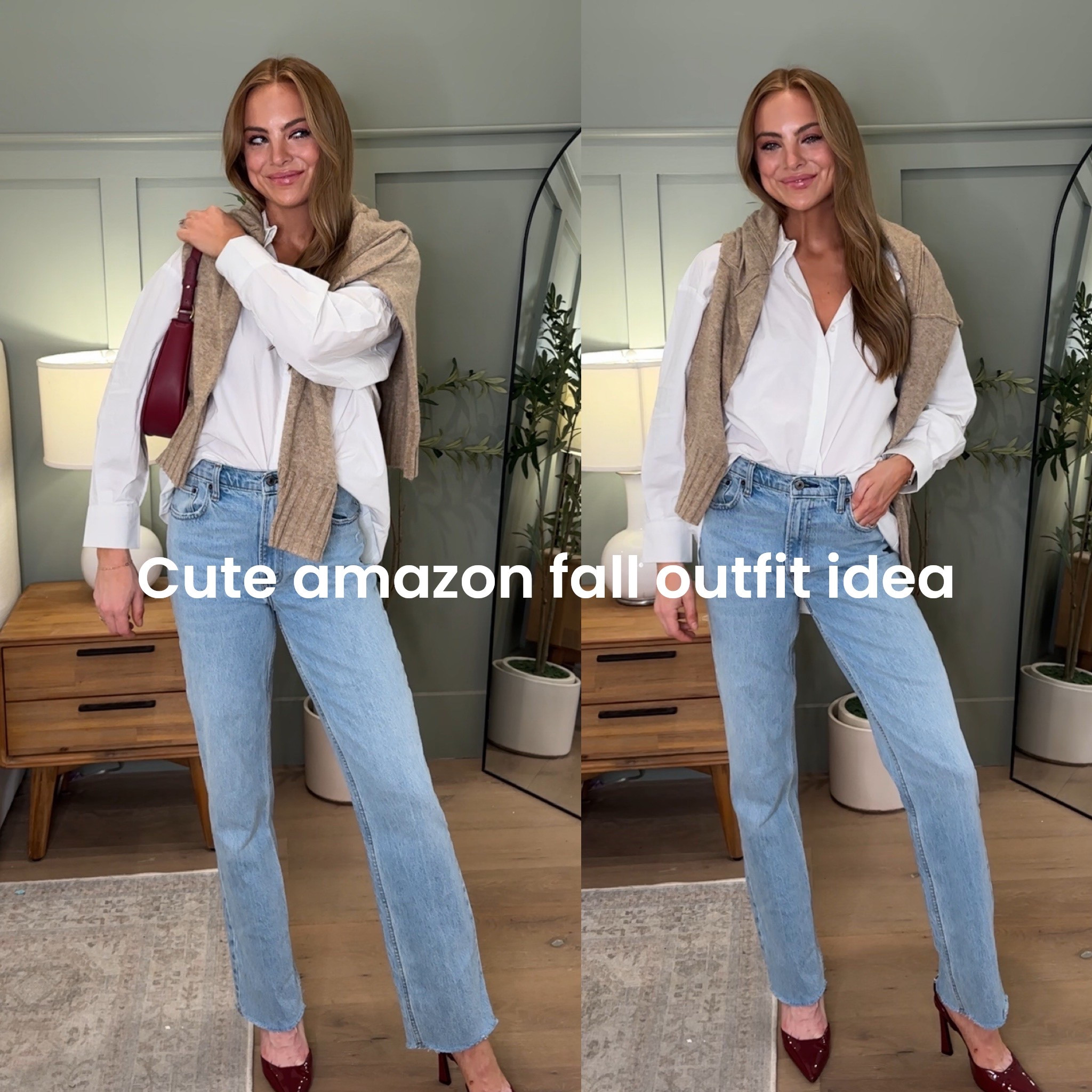 Preppy cute Amazon fall fashion outfit ideas inspo white button down neutral sweater kitten heels maroon accent saddle bag old money classy date night fall fashion mom outfit inspo prefall transitional affordable look for less denim Levi’s 

#LTKStyleTip