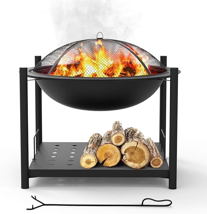 Portable Outdoor Wood Fire Pit - 2-in-1 Steel BBQ Grill 26" Wood Burning Fire Pit Bowl w/ Mesh Sp... | Amazon (US)