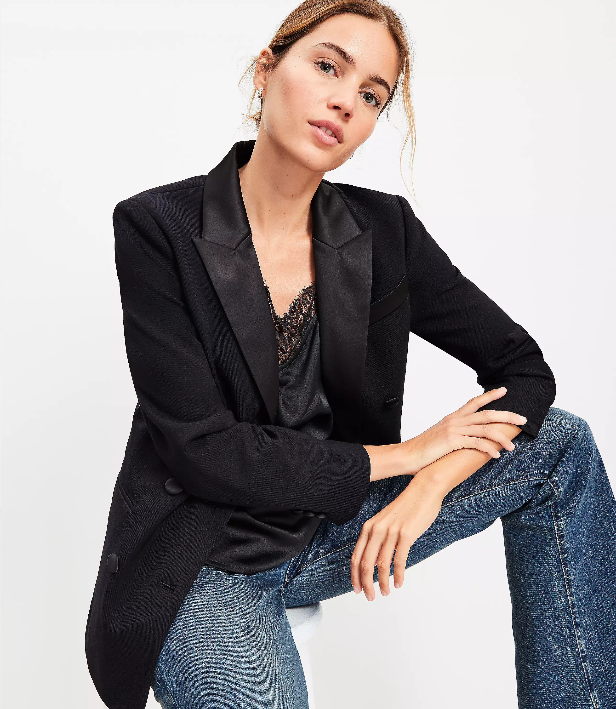 Satin Trim Relaxed Tuxedo Blazer | LOFT