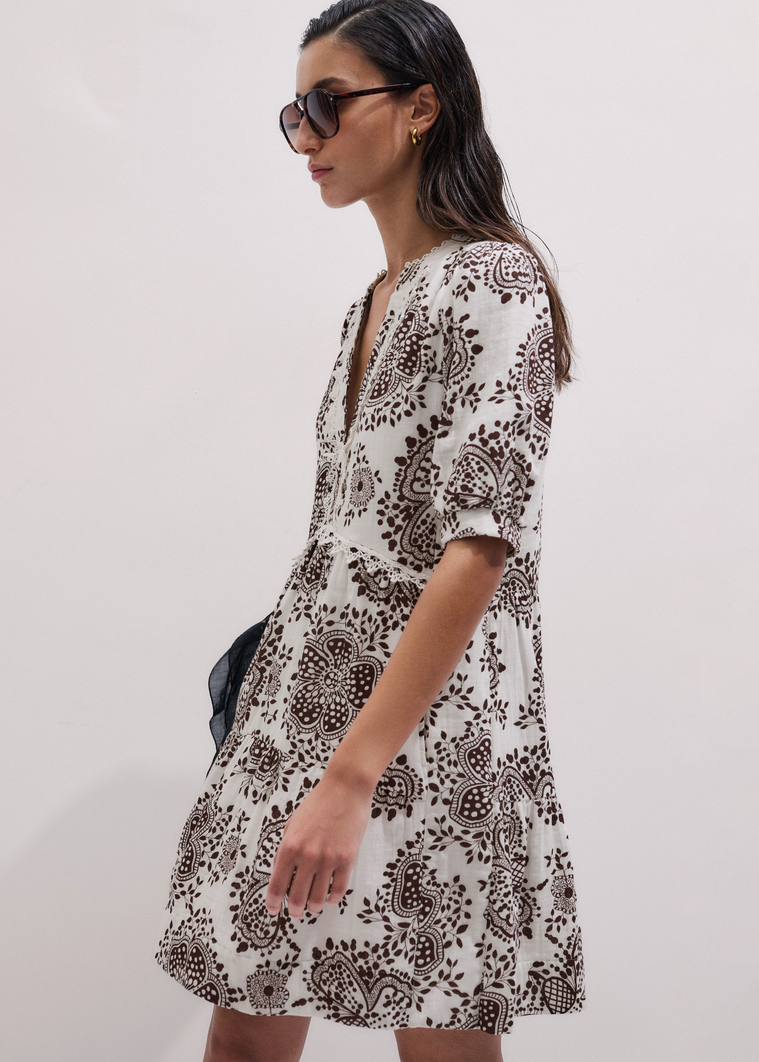 Women's White Cheesecloth In-Full-Bloom Print Swing Short Dress | ME+EM | ME+EM US