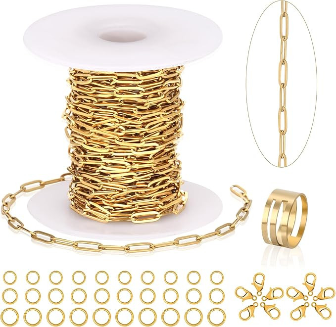 23 Ft Gold Chain for Jewelry Making, 18K Gold Plated Stainless Steel Oval Paperclip Chain Roll wi... | Amazon (US)