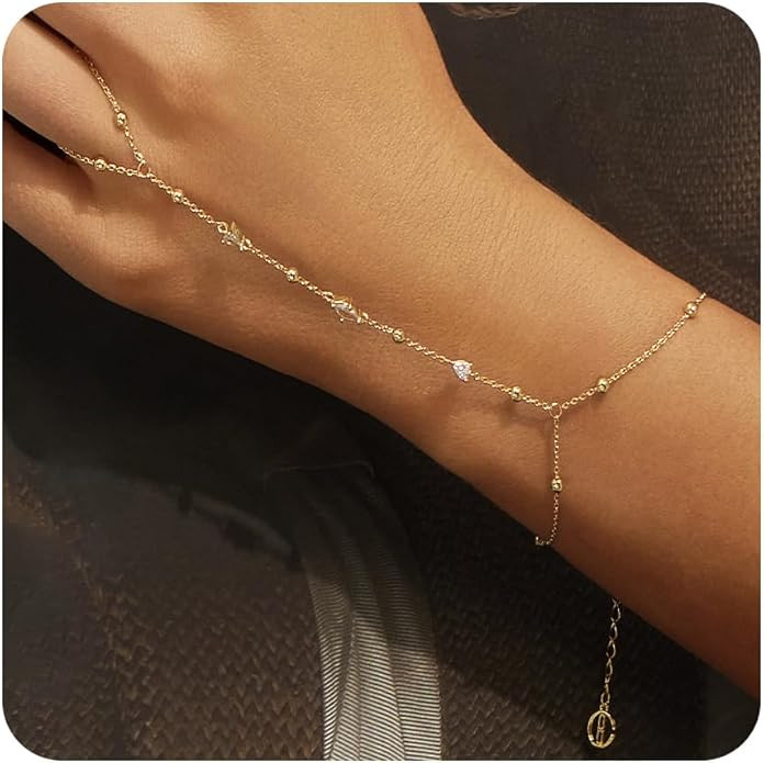 Cicy Bell Hand Chain 18k Gold Plated Bracelet for Women Trendy Teardrop Cubic Zirconia Adjustable... | Amazon (US)