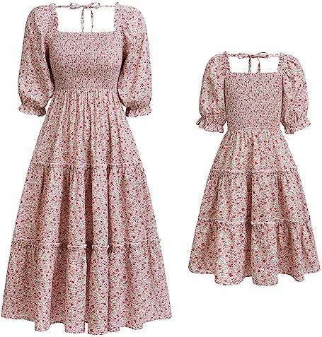 Mommy and Me Matching Dresses Floral Printed Ruffled Lantern Sleeves A-Line Long Dress Mom Daught... | Amazon (US)