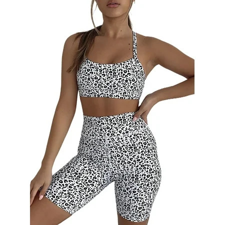 Chase Secret Women Leopard Print Workout Set Outfit High Waist Bike Shorts with Yoga Sport Bra Gym C | Walmart (US)