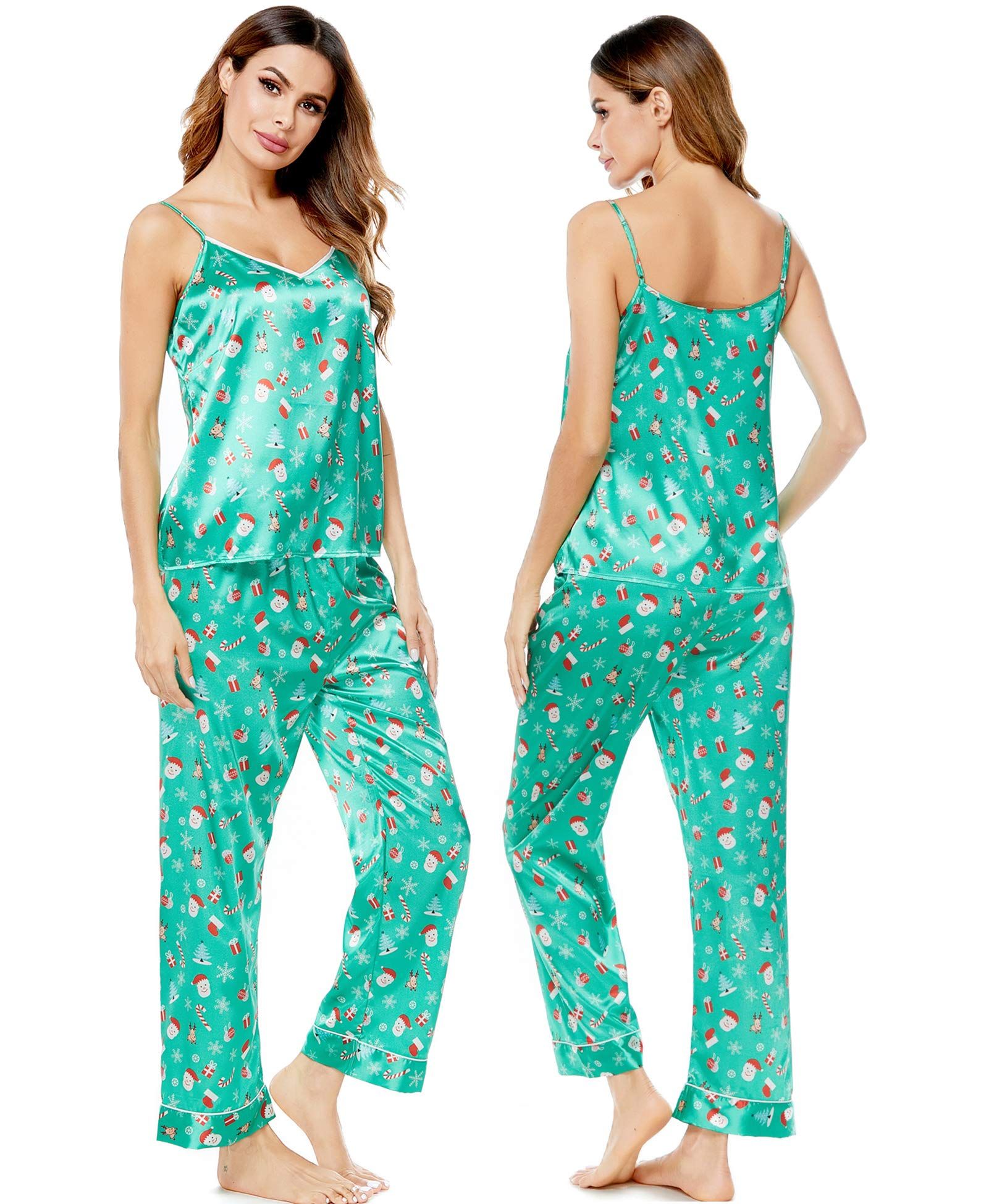 SWOMOG Women's Satin Pajamas Set Silk Sleepwear V-Neck Cami Nightwear Sexy Lingerie Pjs Set | Amazon (US)
