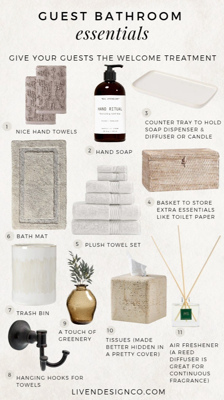 Guest bathroom essentials. Hand soap. Bath towel set. Bath mat. Vanity tray. Vase. Hand towels. Towel hook. Reed Diffuser. Bathroom storage. Wastebasket. 

#LTKSeasonal #LTKHome #LTKSaleAlert