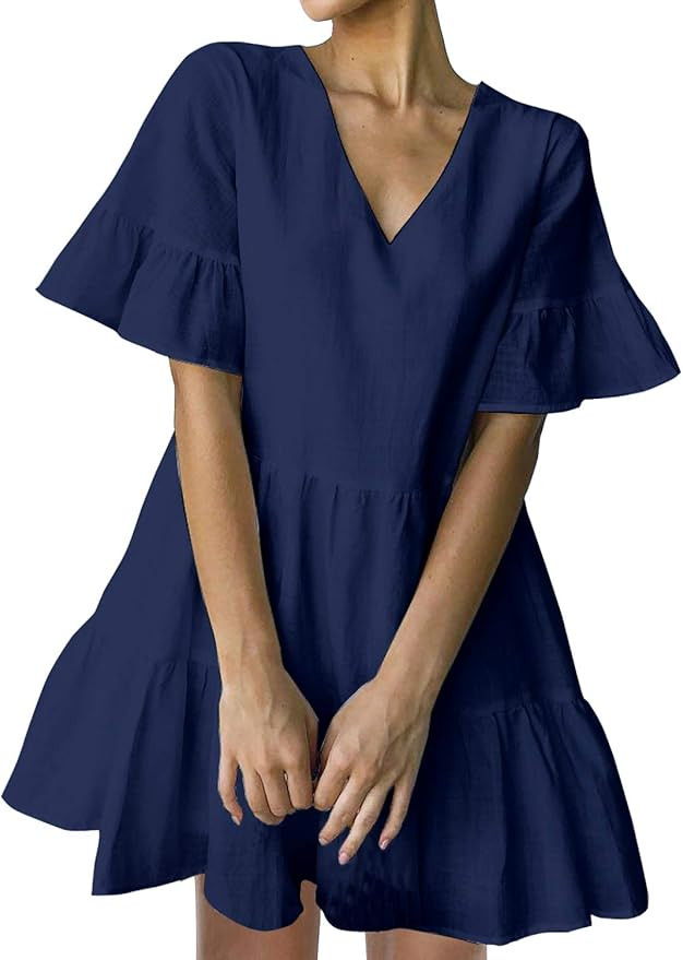 FANCYINN Cute Shift Tunic Dress Ruffle Swing Babydoll Juniors Mini Ruffle Dress with Pockets | Amazon (US)