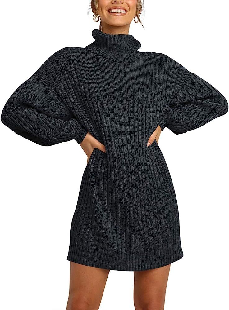 MILLCHIC Women Oversized Turtleneck Long Sleeve Sweater Dress Casual Loose Knit Pullover Dresses | Amazon (US)