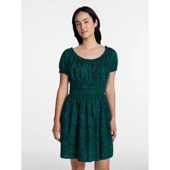 Time and Tru Women's Cotton Peasant Mini Dress With Puff Sleeves, Sizes XS-4X | Walmart (US)