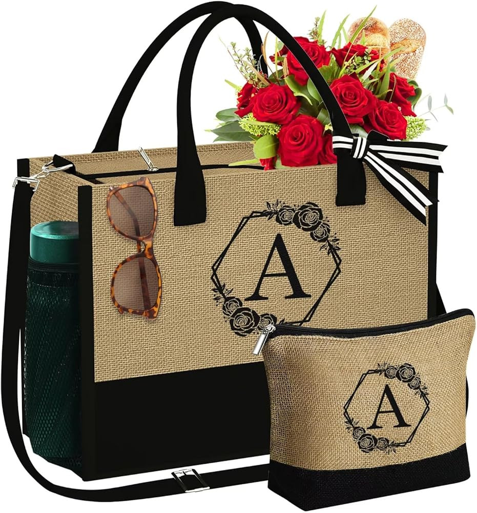 YOOLIFE Christmas Gifts for Women - Initial Jute Tote Bag & Makeup Bag Personalized Christmas Bir... | Amazon (US)