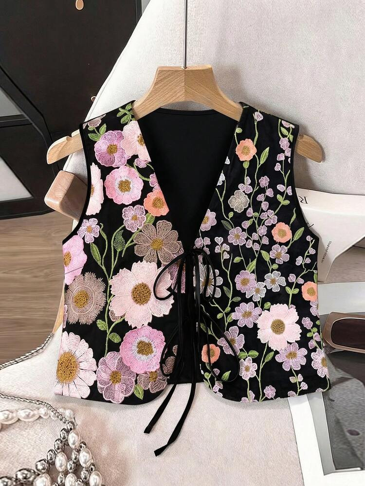 GlowEve CURVE Plus Size Women Floral Embroidery Front Tie Vest Jacket Fall | SHEIN