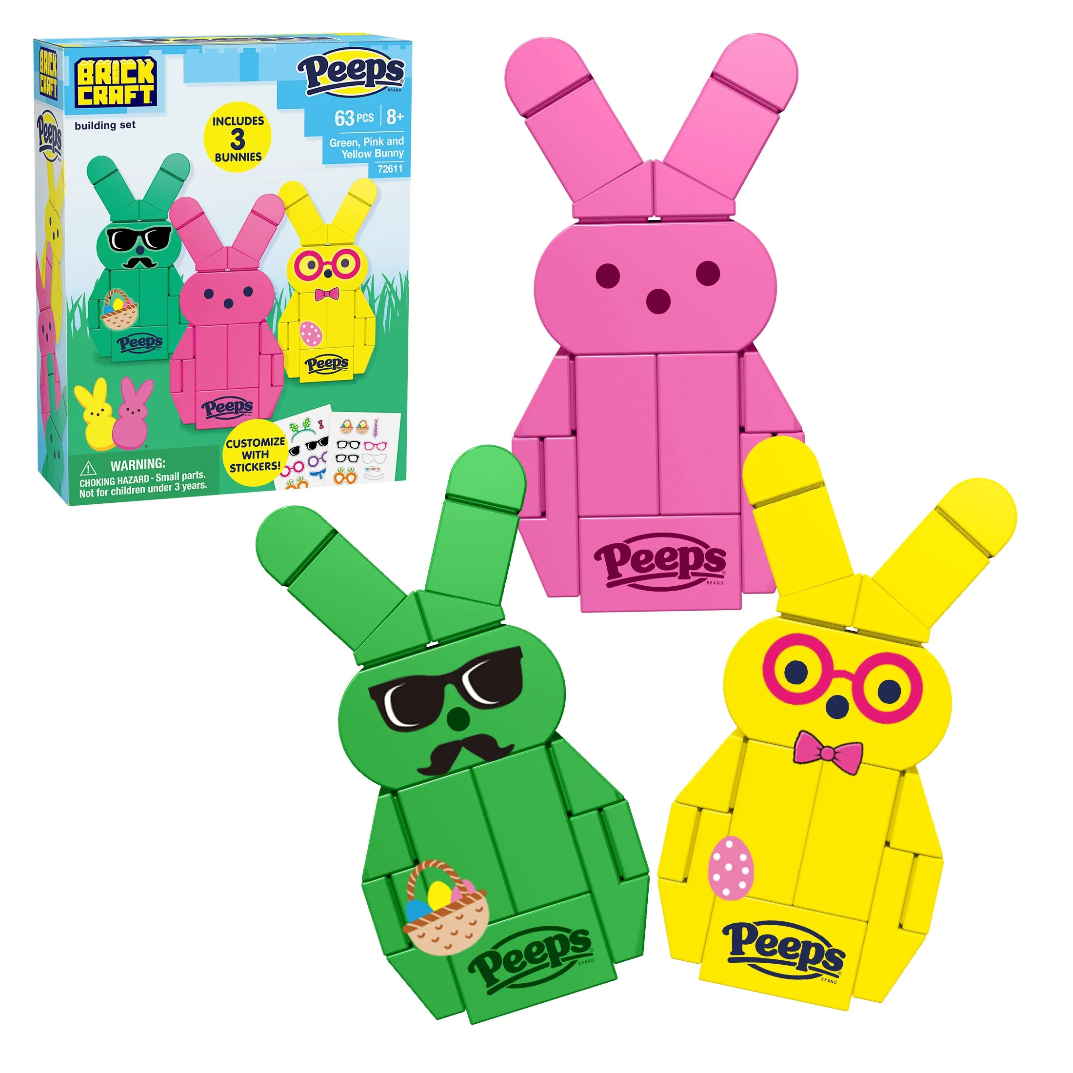 Brickcraft PEEPS Green, Pink and Yellow Bunny Building Kit (63-Piece Set), Easter Candy Brick Toy... | Walmart (US)