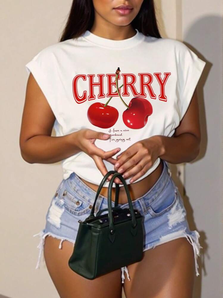Slaydiva Casual Versatile Cherry Print Plus Size T-Shirt,Slightly Sheer Suitable For Summer Suita... | SHEIN
