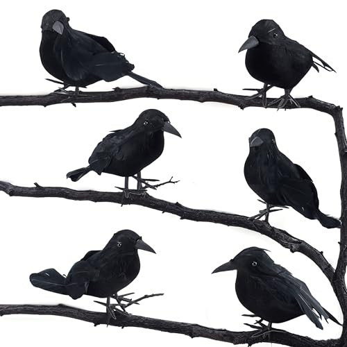 FESTGLOX Halloween Black Crows - Realistic Feathered Crow Ravens, Scary Black Birds for Indoor Outdoor Halloween Party Decoration Supply (6Pack) | Amazon (US)