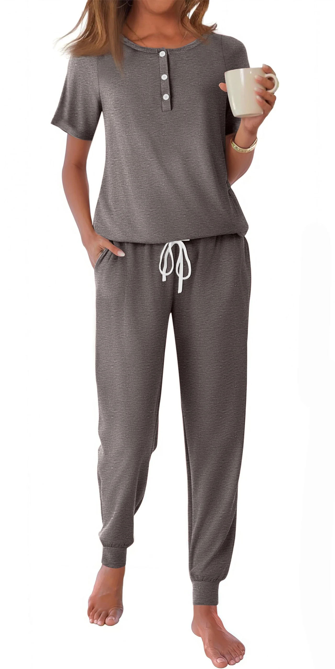 Fantaslook Pajamas Sets for Women Short Sleeve Henley Shirt And Pants With Drawstring Casual Loun... | Walmart (US)