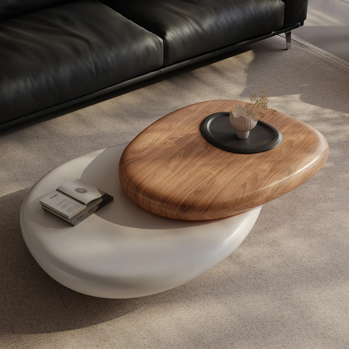 Alyson Organic Pebble Low Profile Coffee Table with Rotating Walnut Veneer Top, Dual-Tier Asymmet... | Wayfair North America