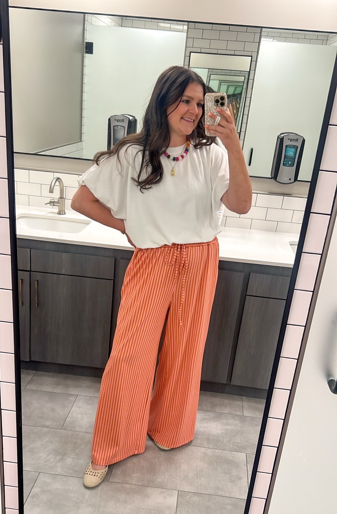 Comfy mom work outfit! And this white bubble top is so good. It’s cropped but hangs below the crop if that makes sense? And the sleeves are so fun. Wearing M in top (tts). For the pants, I would def size up. I’m in an XL. I could probably do a large, but atleast go 1 size up! 

Mom outfit / mom work outfit / spring office outfits / summer office outfits / spring outfits / summer outfits / comfy outfits / comfy work outfits / mom workwear / comfy workwear / mom style / fun pants / striped pants / white top / casual top / business casual / casual outfit / brunch outfit / teacher outfit / beaded necklace / bubble tee / basic top / basic outfits / post Partum pants / post Partum style / post Partum fashion / flowy pants / trendy pants / fun pants / pants that aren’t jeans / not jeans

#LTKootd #LTKmomlife #LTKWorkwear