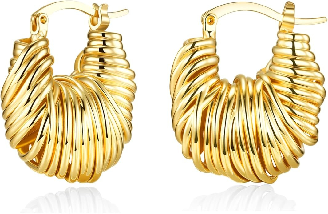 18K Gold Plated Boho Chunky Leaf Floral Geometric Textured Basket Weave Braided Dangling Statemen... | Amazon (US)