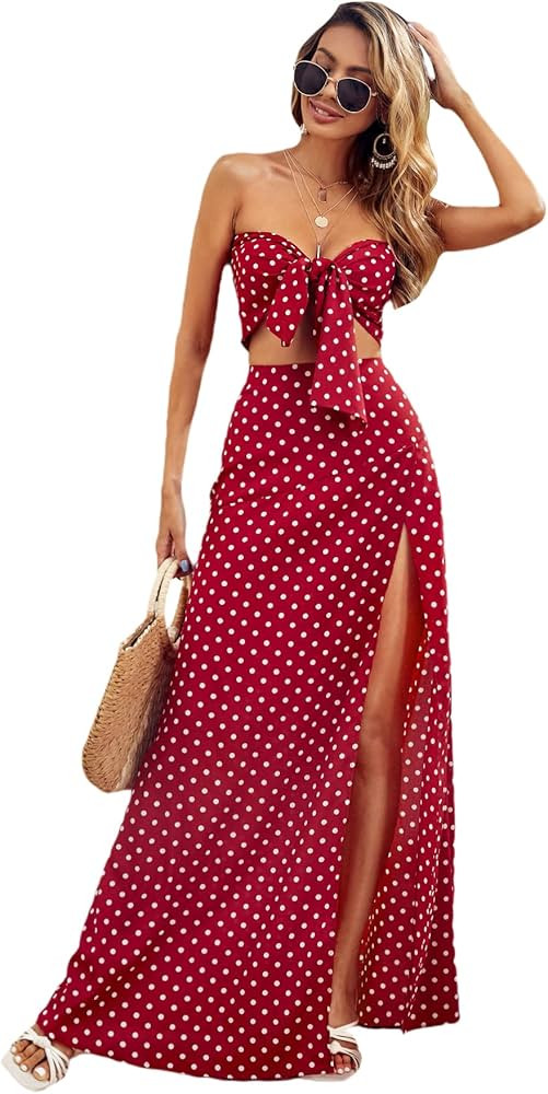 MakeMeChic Women's 2 Piece Outfits Polka Dot Knot Front Crop Tube Top and Split Maxi Skirt Set | Amazon (US)