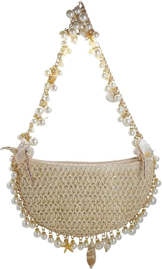 Women Pearl Straw Clutch Purse Woven Summer Beach Evening Bag Wedding Party Straw Shoulder Handba... | Amazon (US)