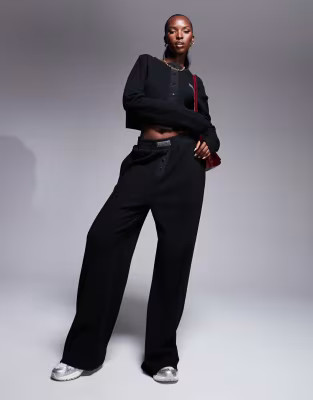 Weekend Collective co-ord waffle wide leg joggers and top with nylon in black | ASOS (Global)