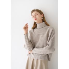 Basic Rib Knit Cowl Neck Crop Sweater in Sand | Chicwish