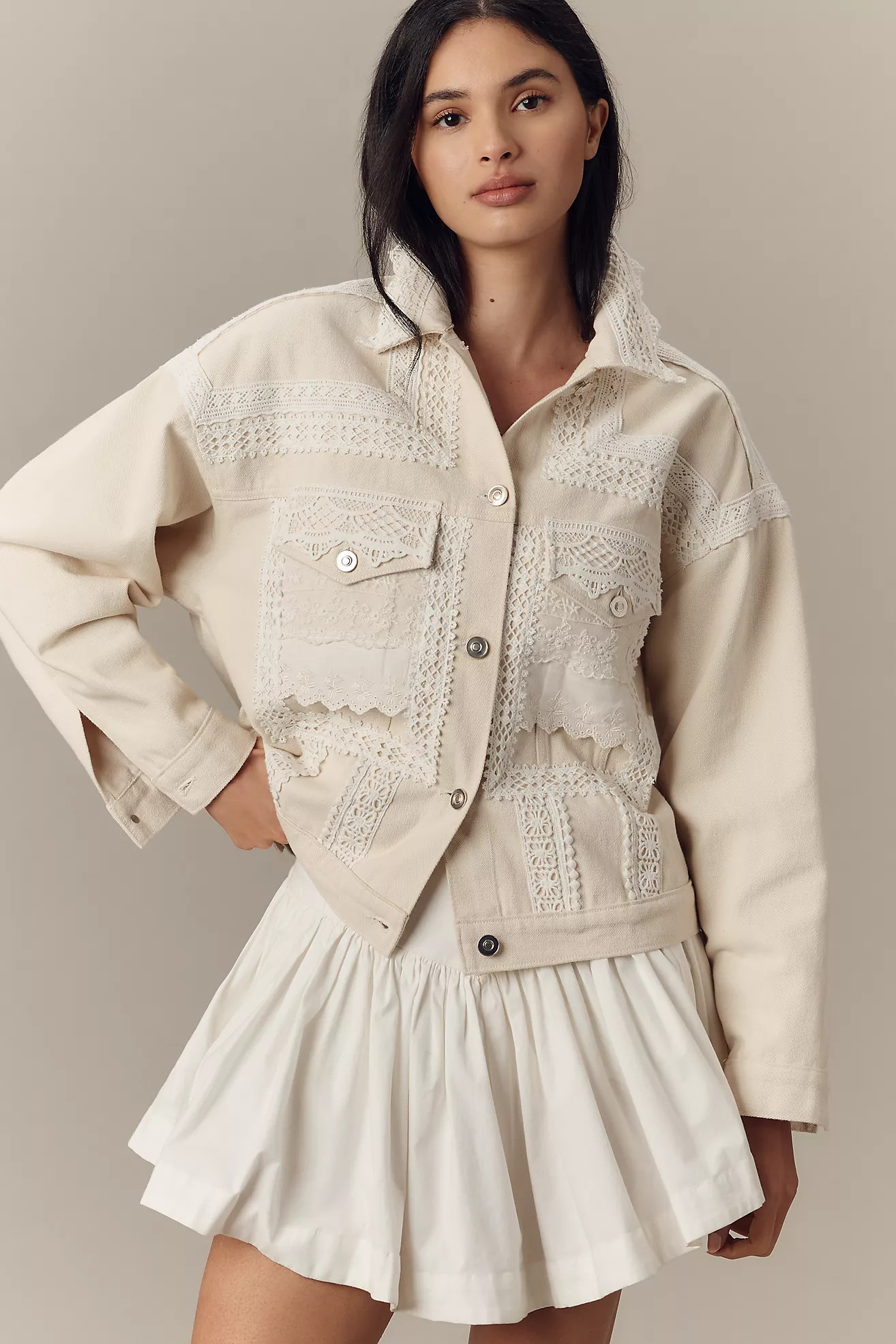 By Anthropologie Lace Denim Trucker Jacket | Anthropologie (US)