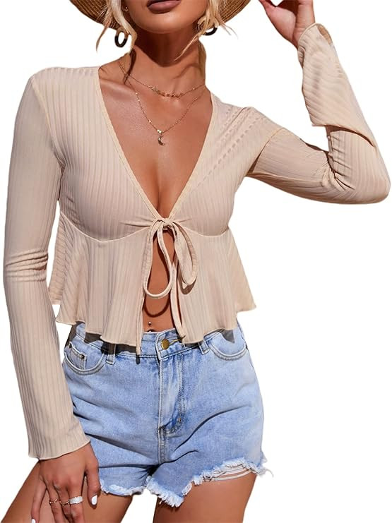 MakeMeChic Women's Long Sleeve Deep V Neck Tie Front Ribbed Peplum Crop Top | Amazon (US)