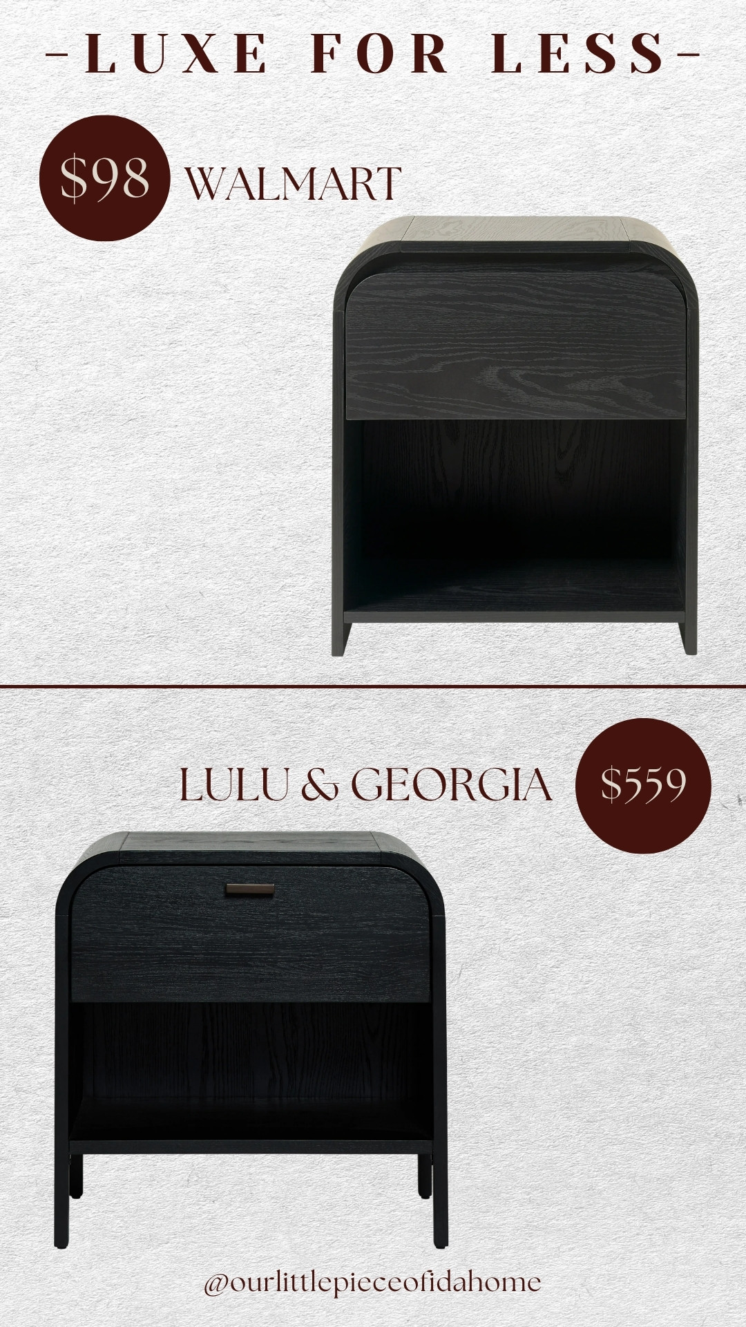 I’m linking this nightstand because it delivers the same curved silhouette and rich wood look as the designer version for a fraction of the price. The rounded edges and clean lines make it feel elevated, timeless, and easy to style.

I love mixing in pieces like this when I want a custom, high-end look without overspending. It’s a great option for a bedroom, guest room, or reading nook, with just enough storage to keep everyday essentials within reach. Shop both versions and see which one fits your space best.
@Lulu and Georgia 
@Walmart

#LTKU #LTKHome #LTKSaleAlert