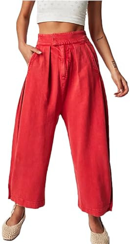 Womens Mid Rise Baggy Barrel Jeans Boyfriend Wide Leg Denim Pants Vintage Buttoned Front Straight Ankle Capri Jeans Red | Amazon (US)